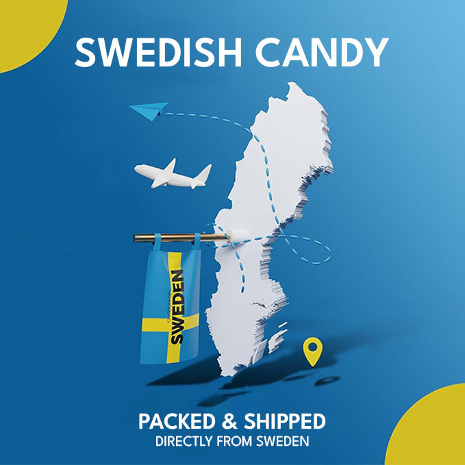 An illustration of Sweden set against a vibrant blue background. A Swedish flag proudly waves from the land, while an airplane soars overhead. The image prominently features the text